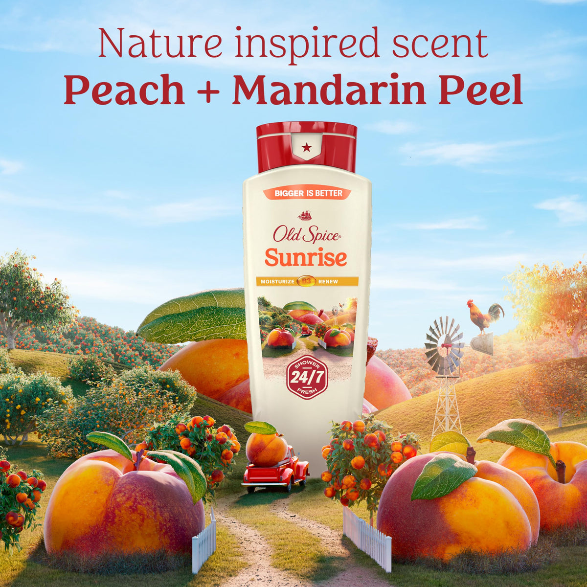 Old Spice Sunrise with peach and mandarin peel visuals signaling bright fragrance