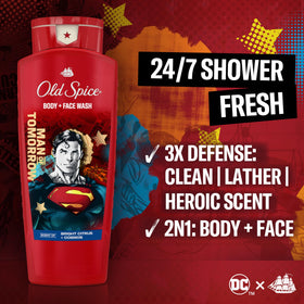 Old Spice Superman back label ingredients and directions visible for informed use