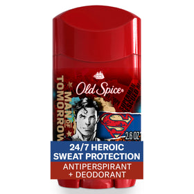 Old Spice front packaging showing Superman branding and benefit