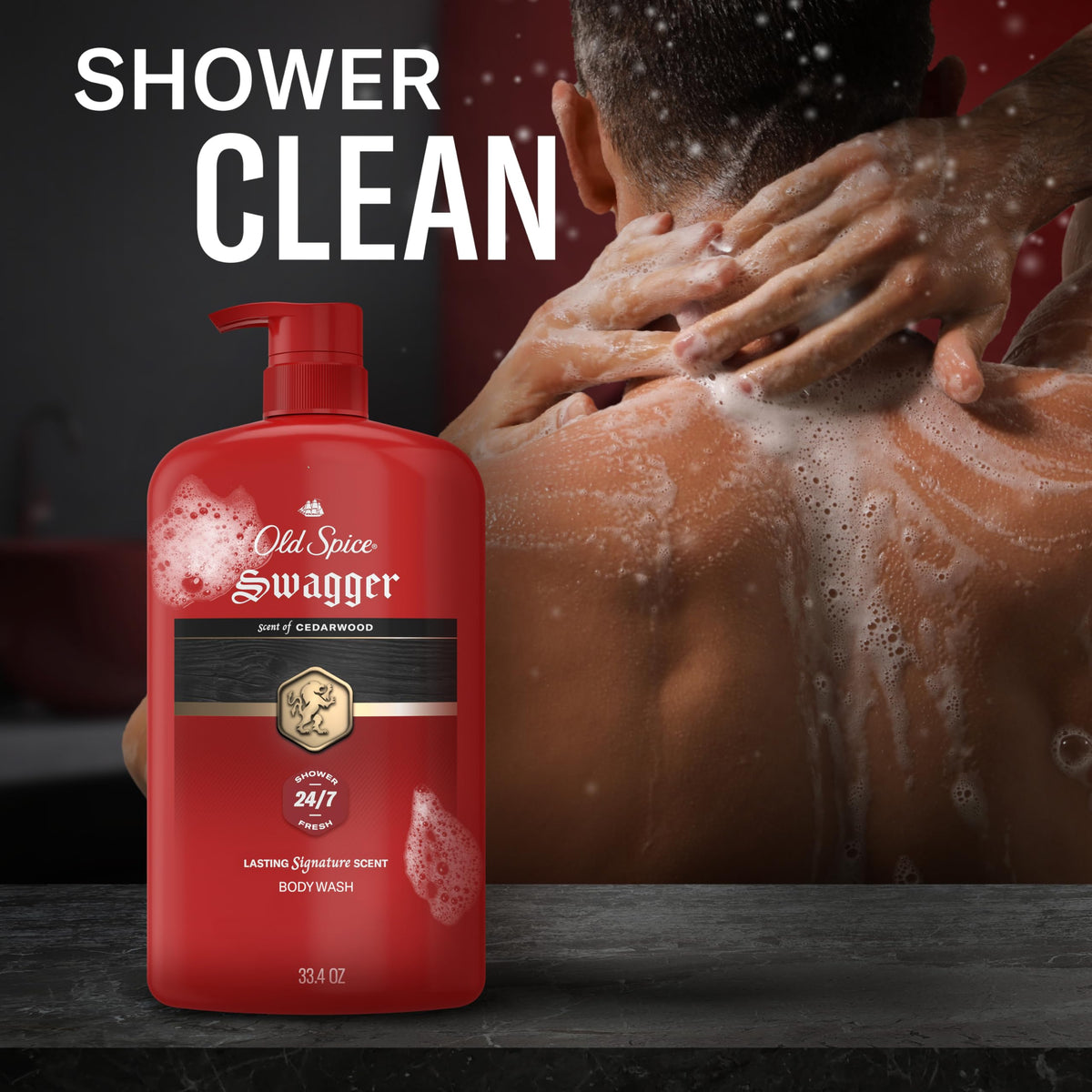 Old Spice Swagger bottle next to common items for size comparison and long-lasting value
