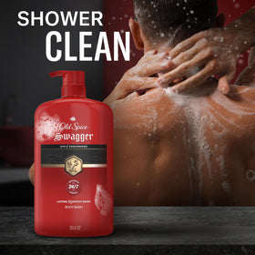 Old Spice Swagger bottle next to common items for size comparison and long-lasting value