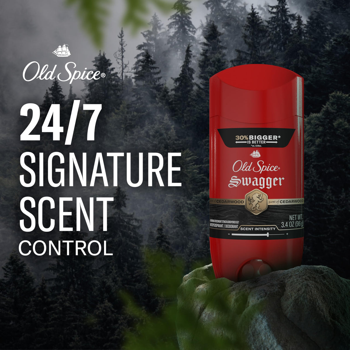 Old Spice Swagger label close-up highlighting cedarwood scent and brand