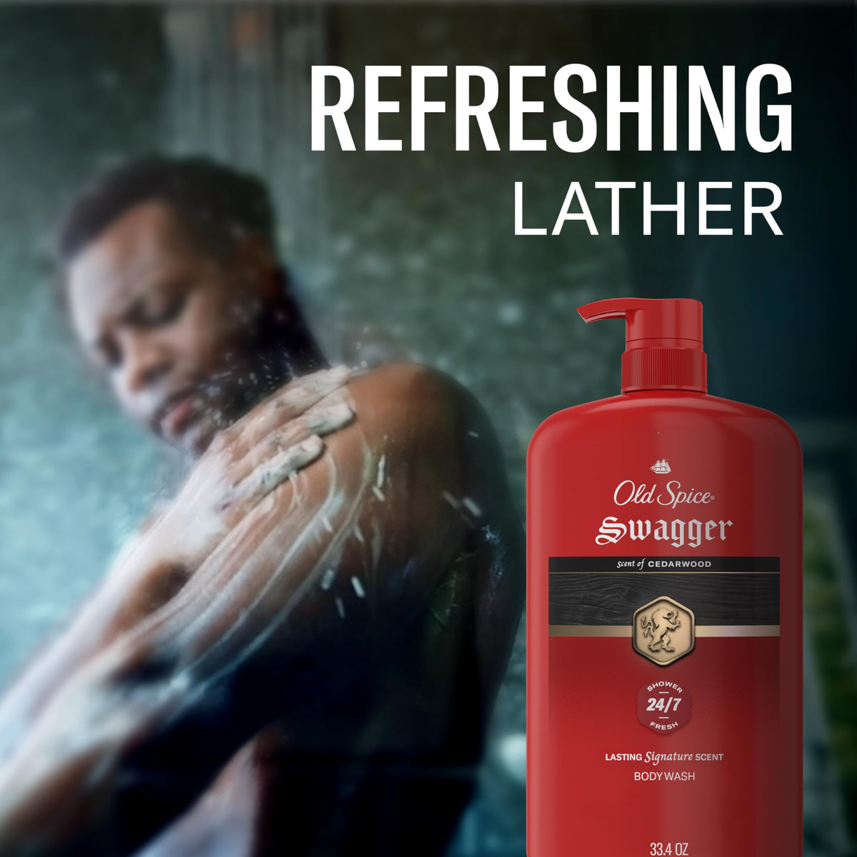 Four Old Spice Swagger bottles stacked to show pack value and supply convenience