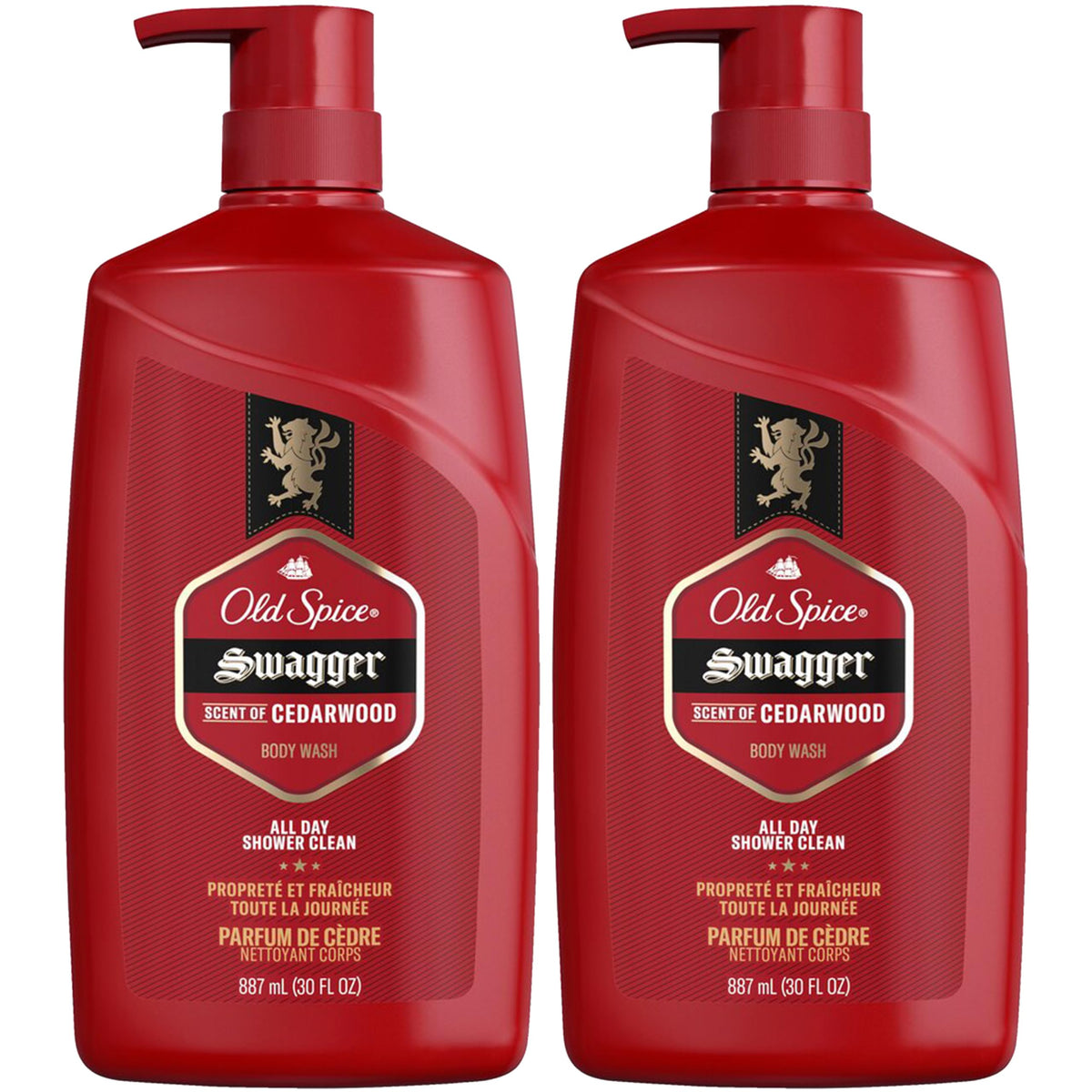 Old Spice Swagger front-packaging shows two 30 oz bottles and highlights value