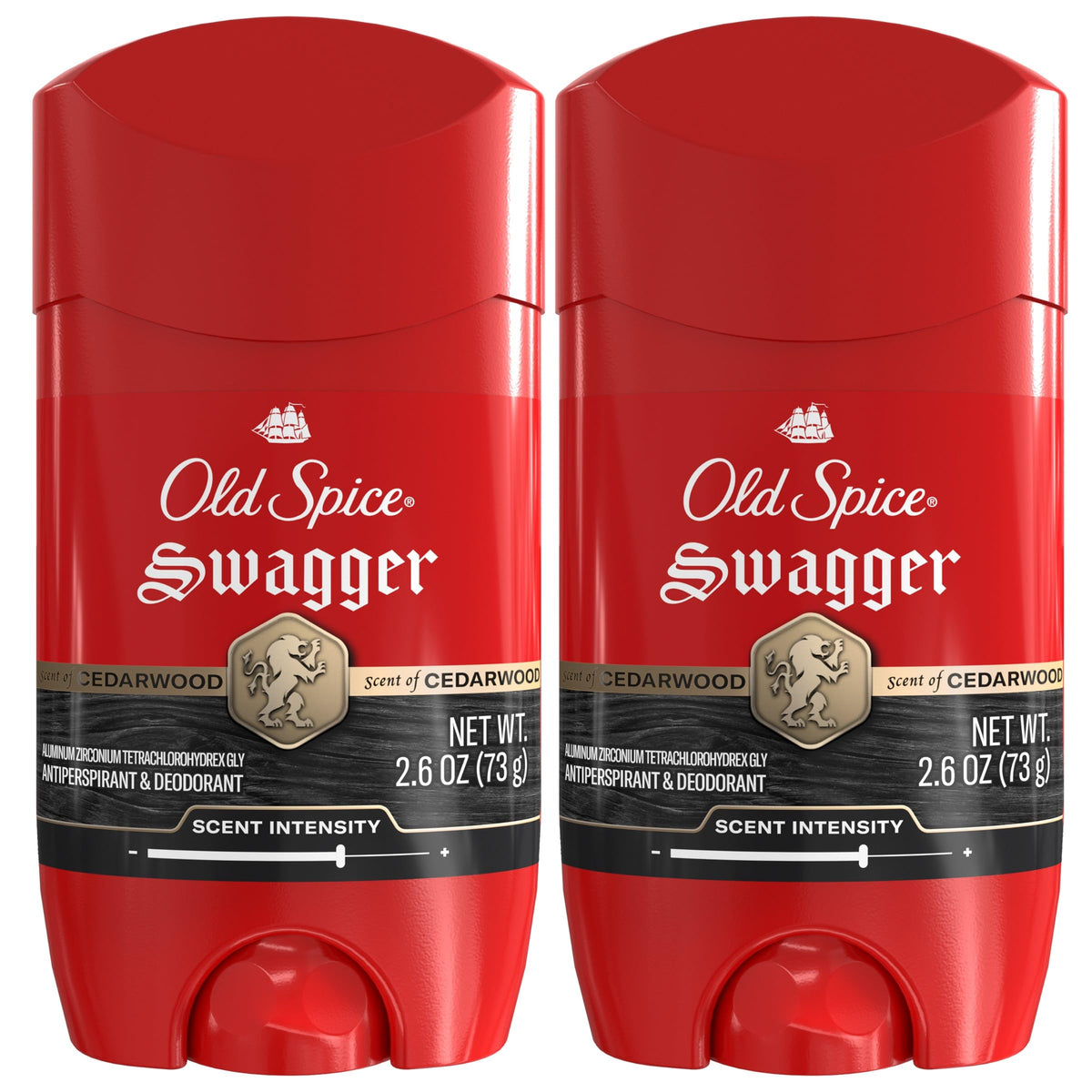 Old Spice Swagger front packaging showing antiperspirant benefits and cedarwood scent