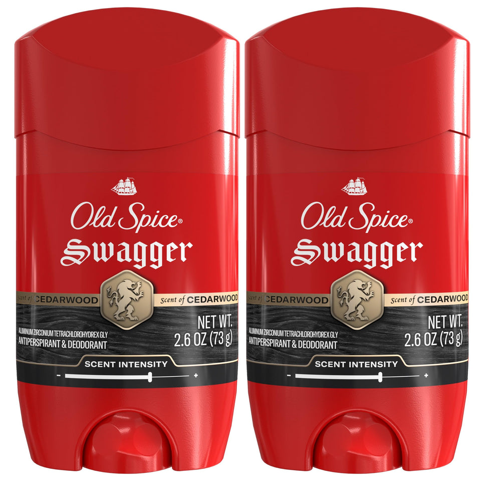 Old Spice Swagger front packaging showing antiperspirant benefits and cedarwood scent