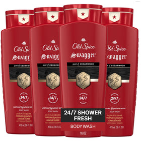 Old Spice Swagger bottle front showing bold red packaging and cedarwood scent benefit