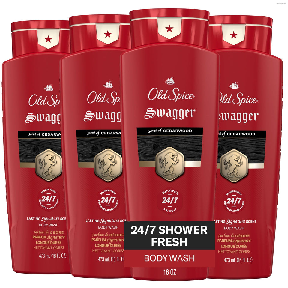 Old Spice Swagger bottle front showing bold red packaging and cedarwood scent benefit