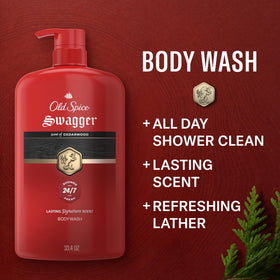 Old Spice Swagger pump and label detail highlighting brand clarity and easy dispensing