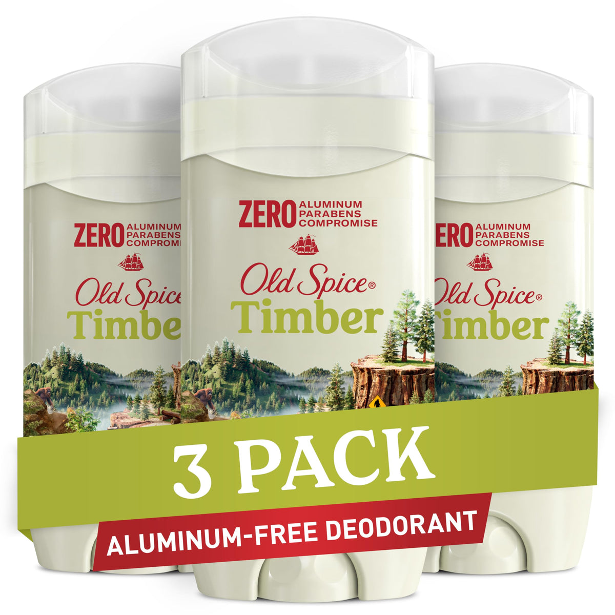 Old Spice Timber front packaging showing sandalwood scent and pack benefit