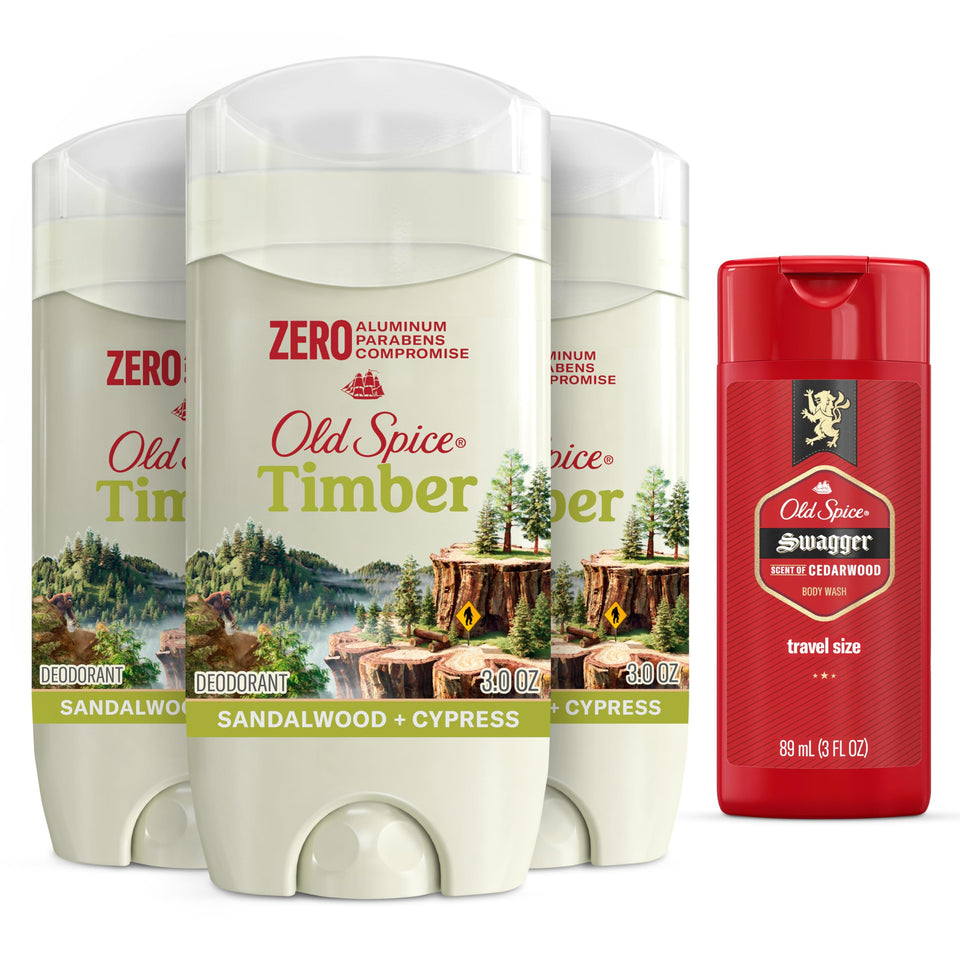 Old Spice Timber front packaging showing three sticks and travel wash for convenient odor control