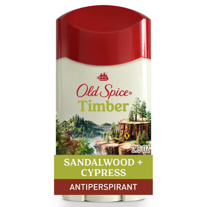 Old Spice front packaging showing Timber scent and dry feel benefit