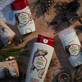 Old Spice Timber label and ingredients view emphasizing aluminum-free formula benefit