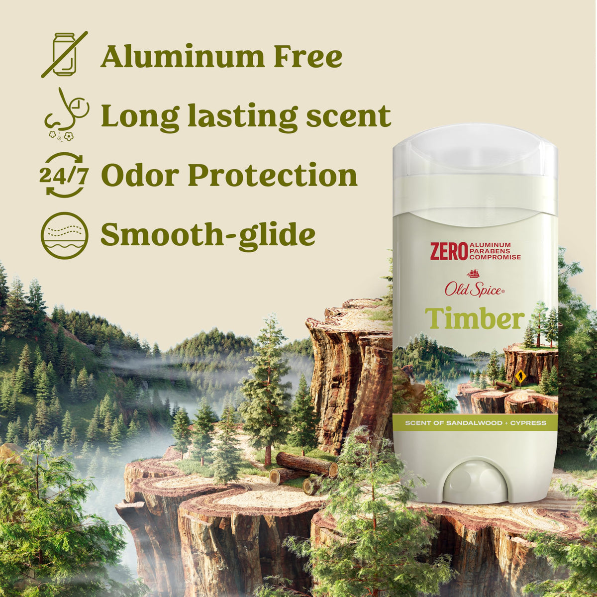 Old Spice Timber close-up of deodorant stick cap highlighting clear application benefit