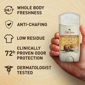 Old Spice vanilla and shea ingredient focus highlighting warm, creamy fragrance