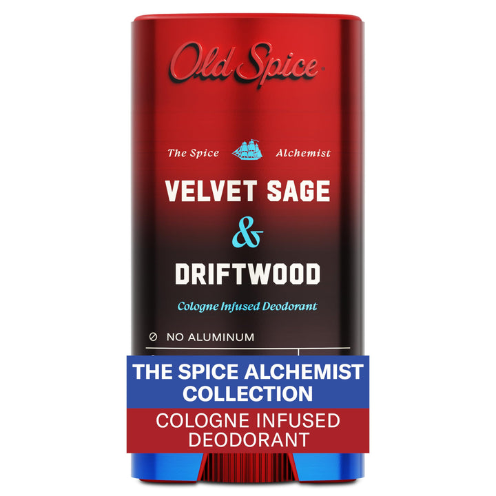 Old Spice front packaging showing Velvet Sage + Drift Wood scent and 3.0 oz size