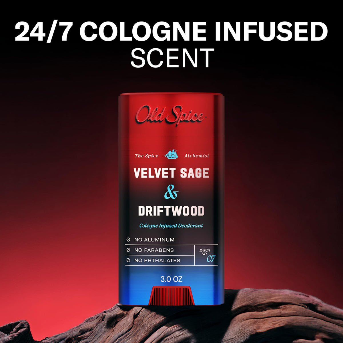 Old Spice side label detail highlighting scent name and No Trade Off formula benefits
