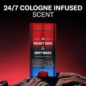 Old Spice side label detail highlighting scent name and No Trade Off formula benefits