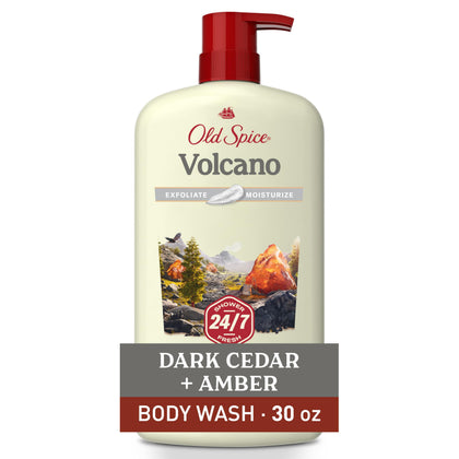 Old Spice bottle front packaging showing Volcano scent and 30 oz size for long-lasting freshness