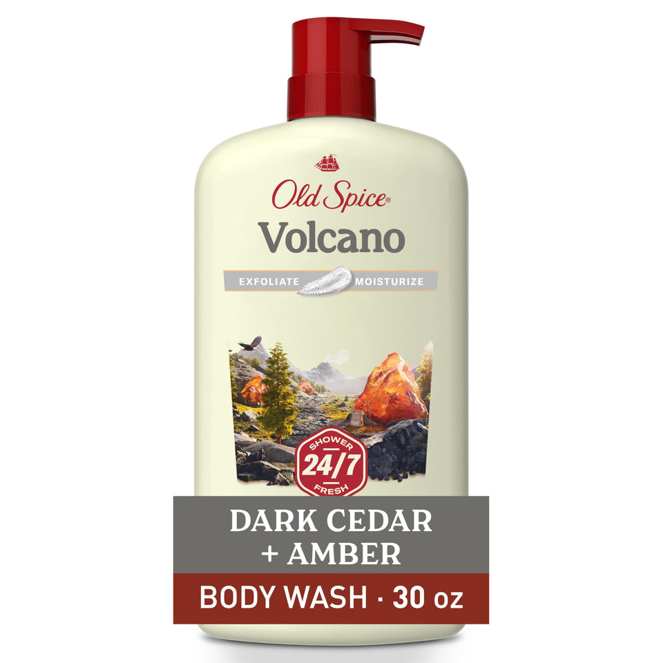 Old Spice bottle front packaging showing Volcano scent and 30 oz size for long-lasting freshness