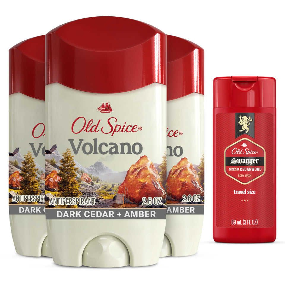 Old Spice Volcano front packaging showing three sticks and travel wash, clear kit for convenience