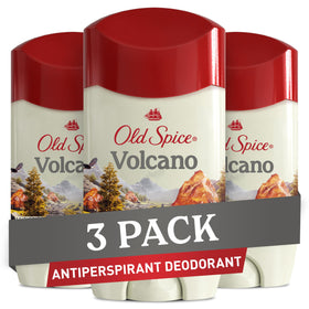 Old Spice Volcano front packaging showing three sticks and scent promise for convenience
