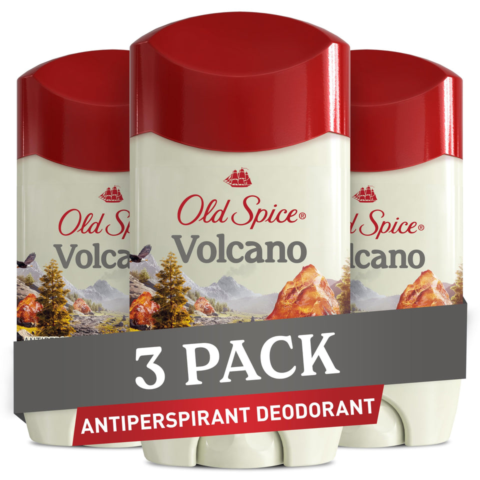 Old Spice Volcano front packaging showing three sticks and scent promise for convenience