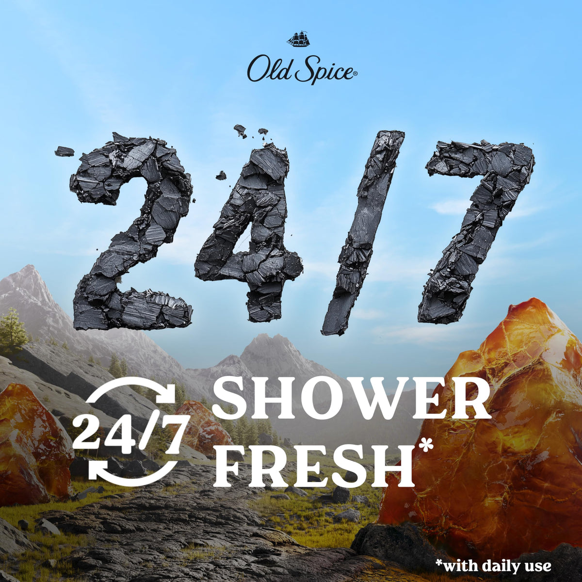 Old Spice label close-up listing key features like vitamin B3 and exfoliating action