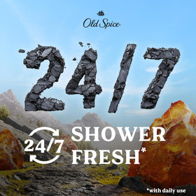 Old Spice label close-up listing key features like vitamin B3 and exfoliating action