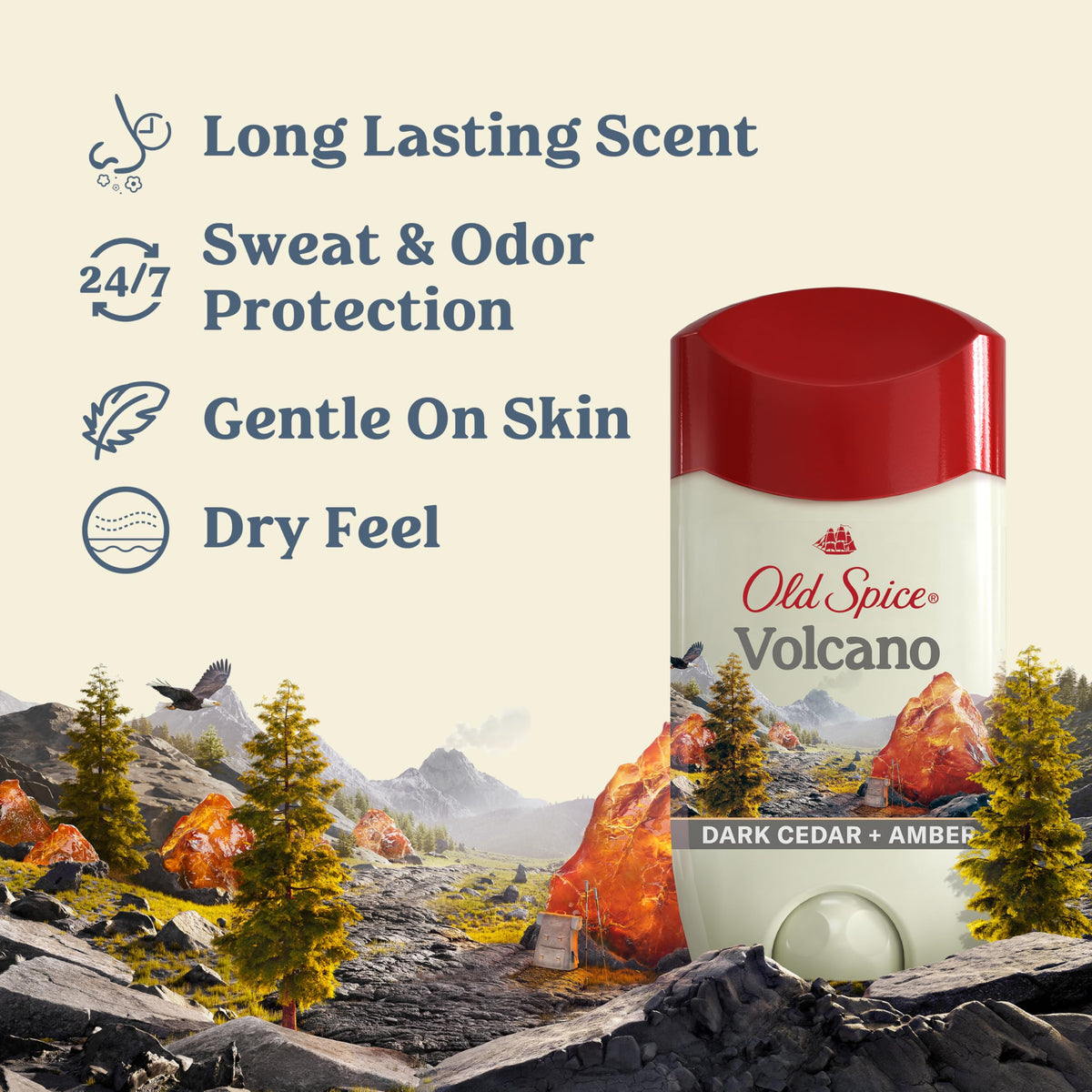 Old Spice Volcano stick open view showing applicator for dry, smooth application