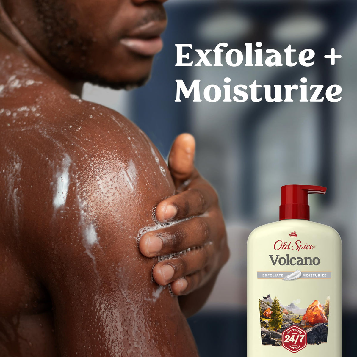 Old Spice rich lather texture on loofah demonstrating exfoliation and moisture balance
