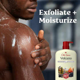 Old Spice rich lather texture on loofah demonstrating exfoliation and moisture balance
