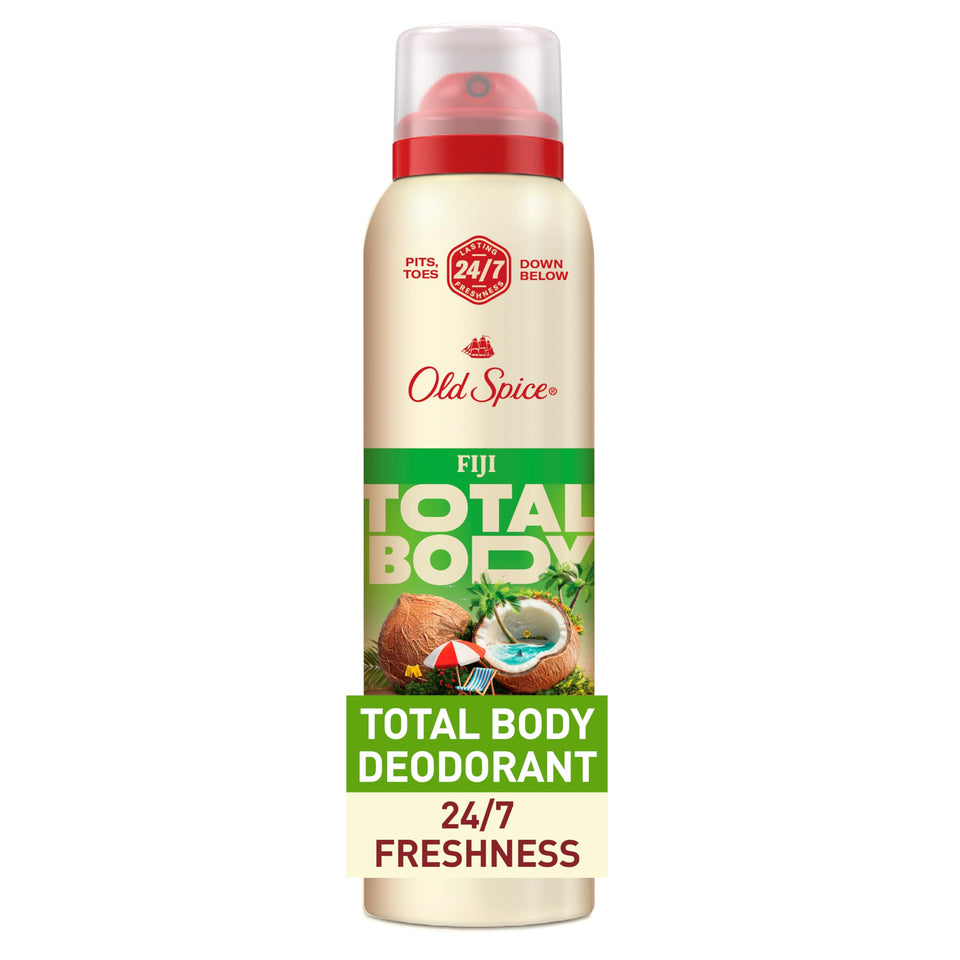 Old Spice can front packaging showing Fiji scent and benefits