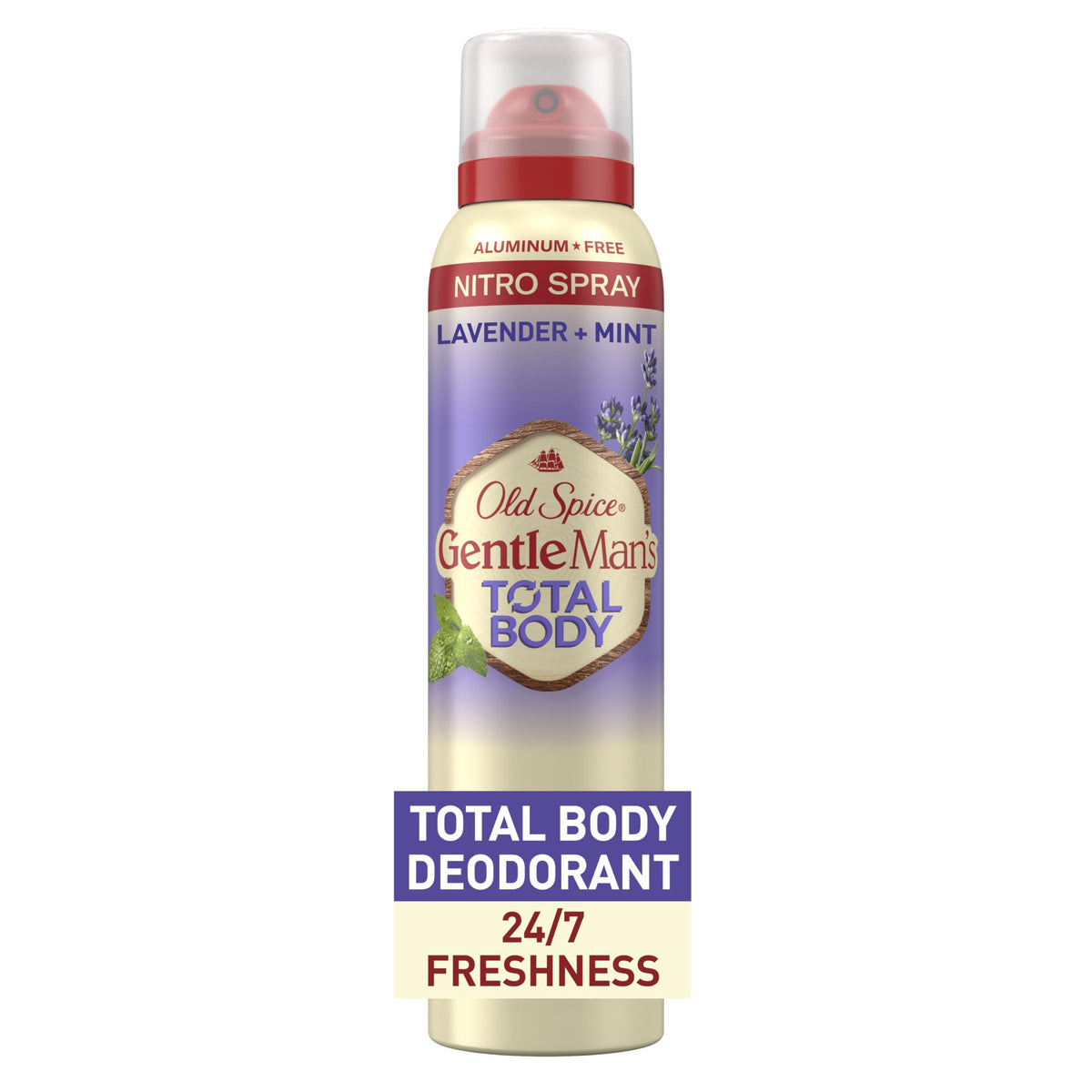 Old Spice whole body front packaging showing Lavender + Mint scent and aluminum-free benefit