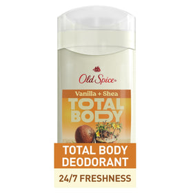Old Spice front packaging showing vanilla shea scent and all-over use benefits