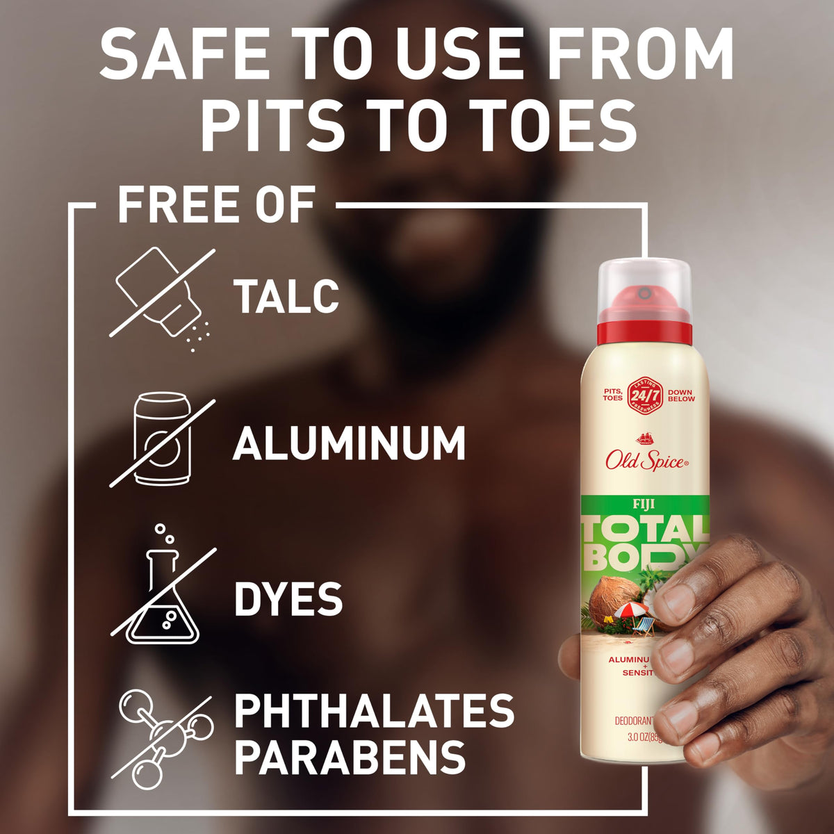 Old Spice deodorant mist texture closeup demonstrating light finish