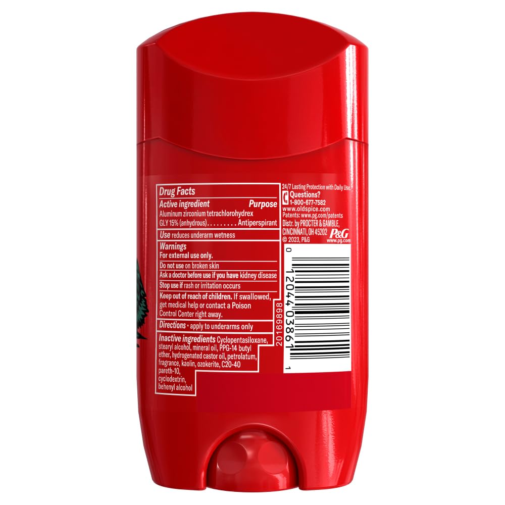Old Spice Wolfthorn close-up label highlighting scent and antiperspirant facts