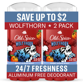 Old Spice Wolfthorn front packaging showing clear stick and branding for reliable freshness