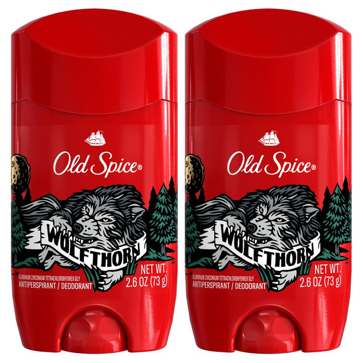 Old Spice Wolfthorn front packaging showing two sticks and scent appeal