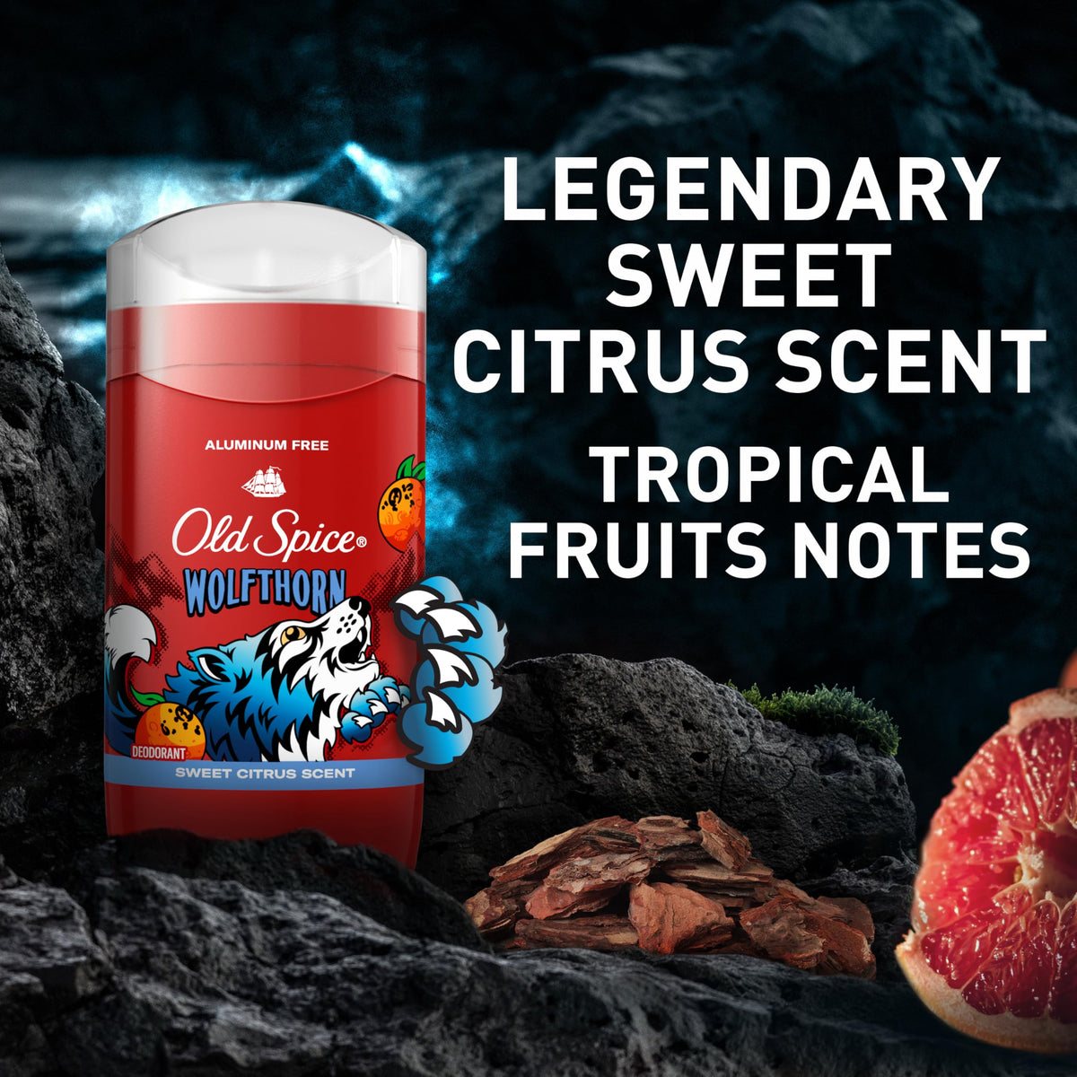 Old Spice Wolfthorn on bathroom shelf with toiletries for daily grooming routine