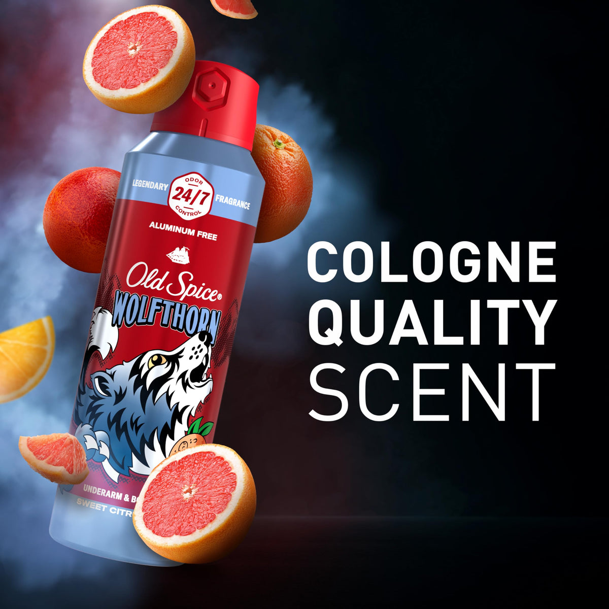 Old Spice Wolfthorn next to hand showing compact 5.1 oz size benefit
