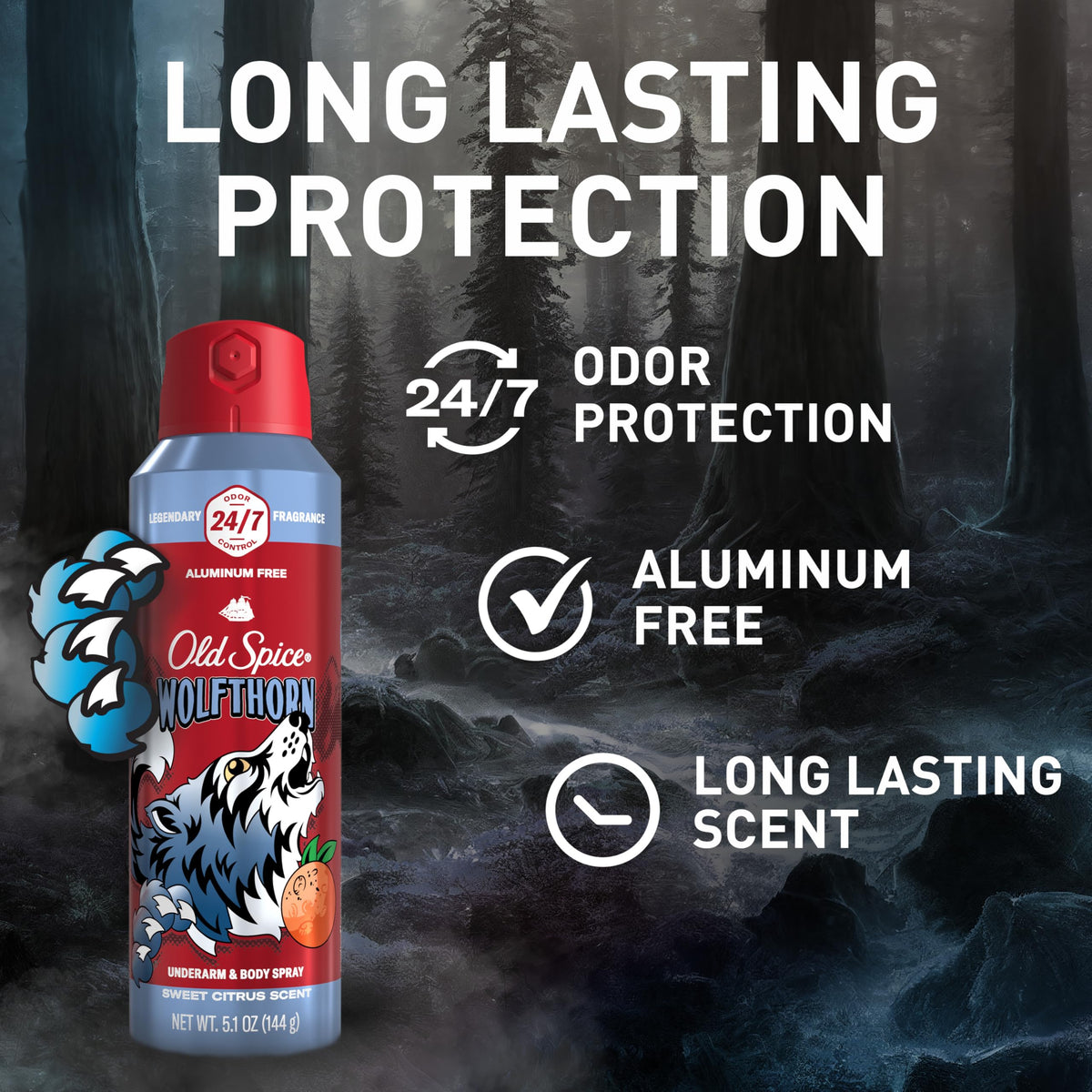 Old Spice Wolfthorn side label closeup highlighting aluminum-free benefit