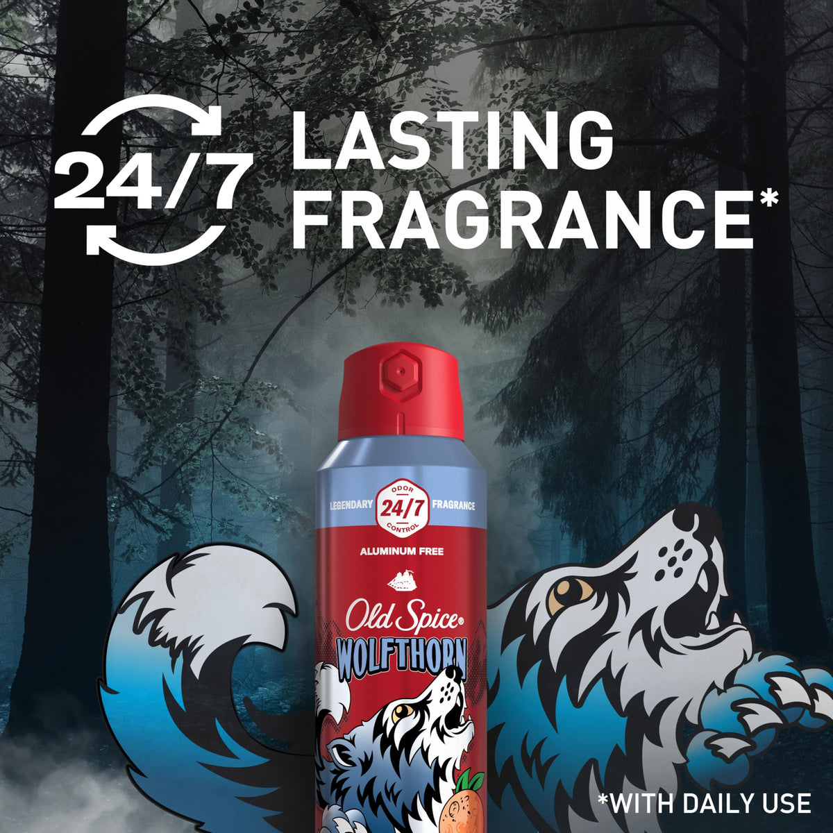Old Spice Wolfthorn fine mist in air illustrating quick-dry benefit