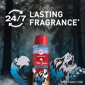 Old Spice Wolfthorn fine mist in air illustrating quick-dry benefit