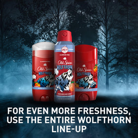 Old Spice Wolfthorn three-pack lifestyle display offering value and convenience
