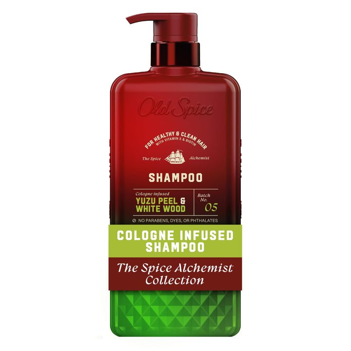 Old Spice bottle front shows Yuzu Peel & White Wood fragrance and benefits