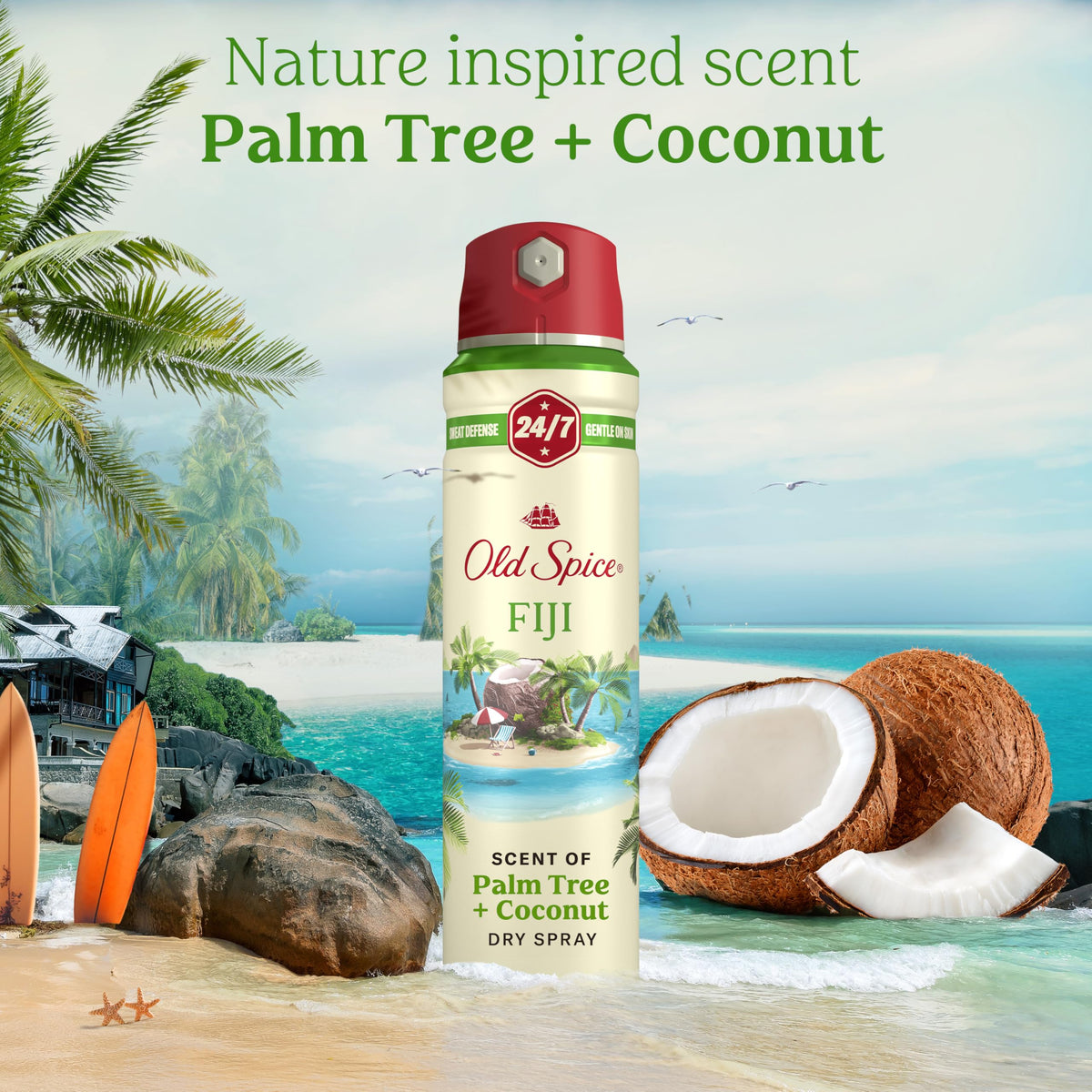 Old Spice lifestyle beach scene conveying fresh tropical scent benefit