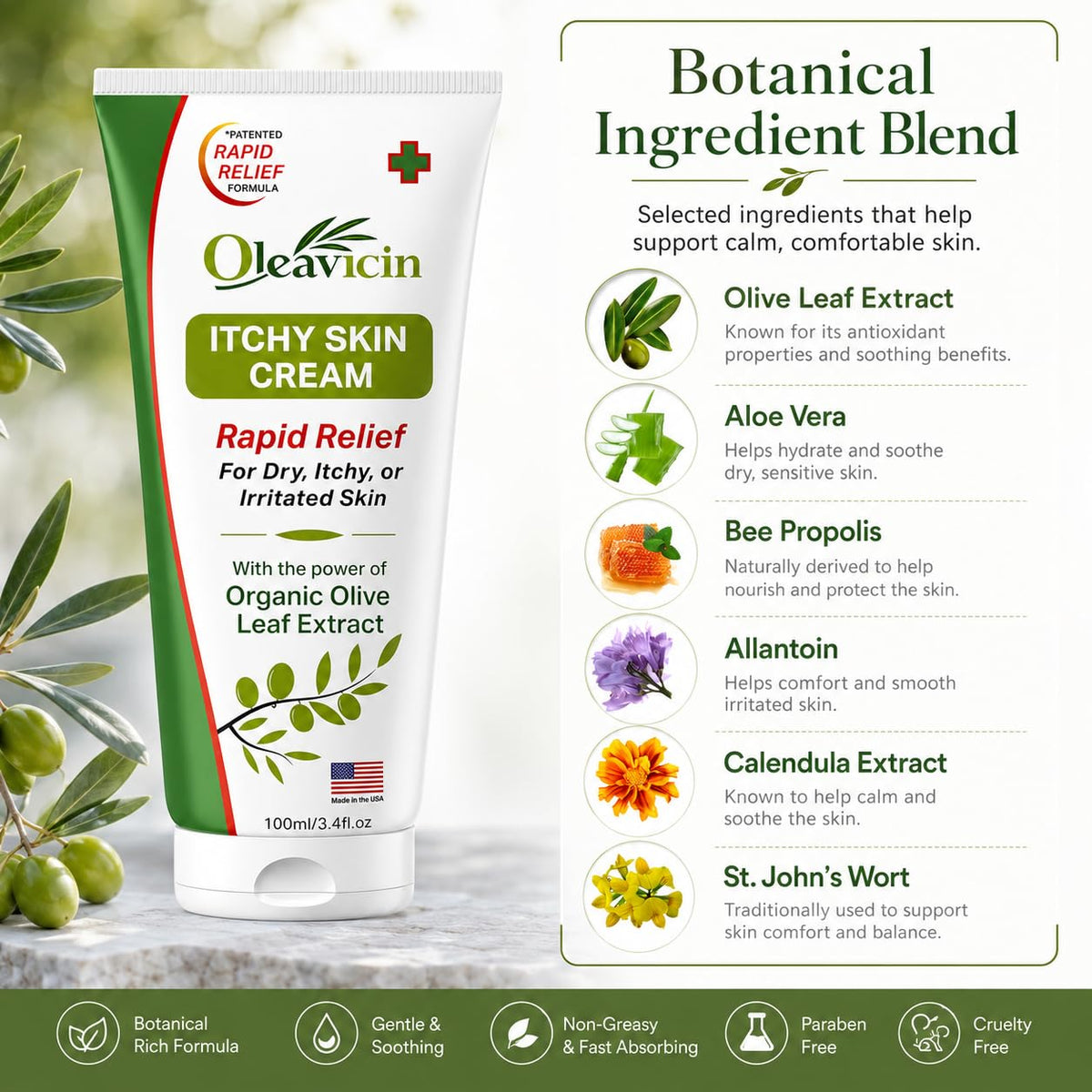 Oleavicin applied on forearm illustrating quick itch-soothing benefit