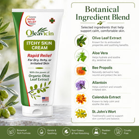 Oleavicin applied on forearm illustrating quick itch-soothing benefit