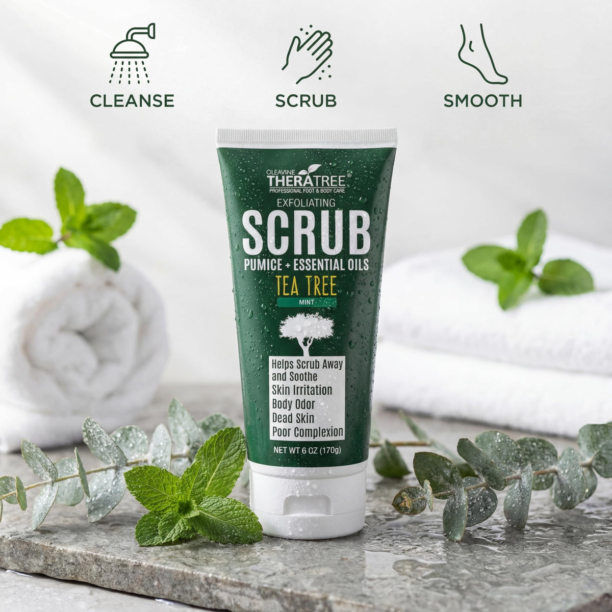 Oleavine scrub being massaged on foot for smoothness benefit